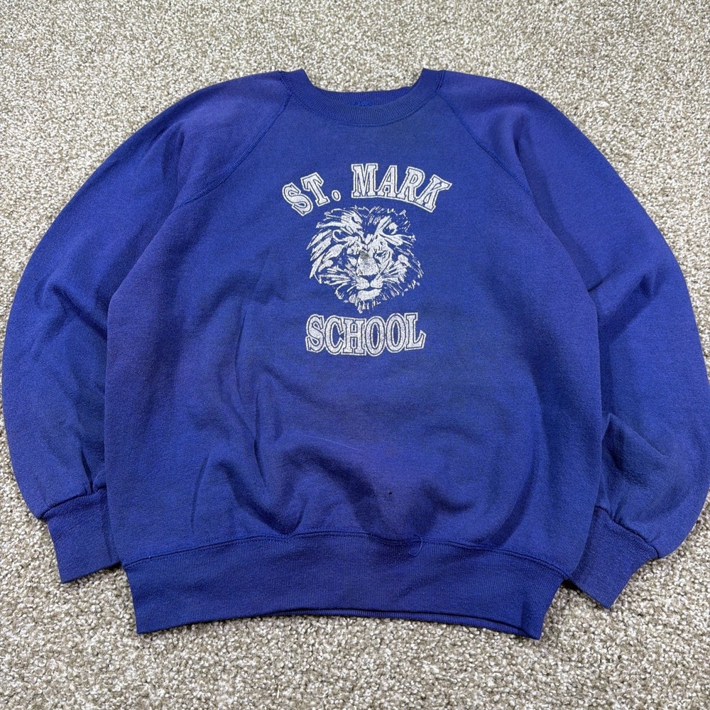 70s St Mark Sweatshirt Faded Indigo Blue With Lion Graphic Size Large